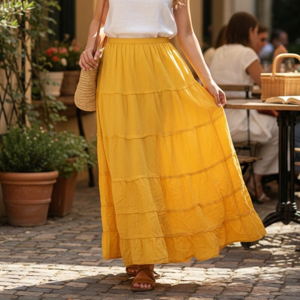 Lauren Hancock Collection Size Large Yellow Tiered Boho Skirt Flowy Beach Vibes